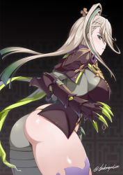 Rule 34 | 1girl, armor, ass, asymmetrical clothes, bodysuit, breastplate, colored tips, cowboy shot, crossed belts, darkmaya, fate/grand order, fate (series), green hair, grey bodysuit, grey eyes, grey hair, hair ornament, hairpin, high collar, huyan zhuo (fate), huyan zhuo (second ascension) (fate), looking at viewer, looking back, multicolored hair, pauldrons, shoulder armor, single pantsleg, solo, streaked hair