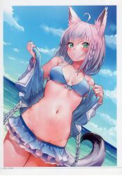 Rule 34 | 1girl, absurdres, ahoge, akasaai, animal ear fluff, animal ears, bare shoulders, bikini, bikini skirt, blush, braid, breasts, cleavage, closed mouth, cloud, cloudy sky, collarbone, day, duplicate, earrings, gradient clothes, green eyes, highres, hololive, jacket, jewelry, long hair, looking at viewer, medium breasts, ocean, off shoulder, open clothes, open jacket, outdoors, pink hair, scan, shiny skin, shirakami fubuki, shirakami fubuki (hololive summer 2019), simple background, skirt, sky, solo, swimsuit, tail, twintails, virtual youtuber, water