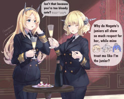 Rule 34 | alcohol, blonde hair, blue eyes, breasts, cake, cake slice, champagne, champagne flute, colorado (kancolle), cup, drink, drinking glass, english text, food, gloves, himeyamato, iowa (kancolle), kantai collection, long hair, military, military uniform, nelson (kancolle), one eye closed, open mouth, short hair, smile, south dakota (kancolle), speech bubble, uniform, washington (kancolle)