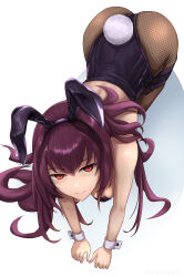Rule 34 | 1girl, all fours, animal ears, ass, bare shoulders, black leotard, breasts, cleavage, fake animal ears, fate/grand order, fate (series), fishnet pantyhose, fishnets, from above, hair between eyes, highleg, highleg leotard, highres, large breasts, leotard, long hair, looking at viewer, looking up, pantyhose, playboy bunny, purple hair, rabbit ears, rabbit tail, red eyes, scathach (fate), skyde kei, smile, solo, tail, thighs, wrist cuffs