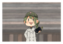 Rule 34 | 1girl, annin musou, blush, buttons, coat, explosive, fairy (kancolle), green eyes, green hair, green headwear, grenade, grey coat, hair between eyes, hand in pocket, holding, holding grenade, kantai collection, long hair, long sleeves, open mouth, smile, solo, triangle mouth