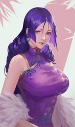 Rule 34 | 1girl, alternate costume, bare shoulders, breasts, china dress, chinese clothes, closed mouth, commentary, dress, earrings, english commentary, fate/grand order, fate (series), fur, high collar, jewelry, large breasts, long hair, looking at viewer, minamoto no raikou (fate), minamoto no raikou (traveling outfit) (fate), parted bangs, phamoz, purple eyes, purple hair, upper body