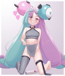 Rule 34 | 1girl, barefoot, blush, border, bow-shaped hair, breasts, character hair ornament, cleft of venus, clothes tug, commentary, creatures (company), eyelashes, full body, game freak, gazing eye, green hair, grey background, grey shirt, grey thighhighs, grin, hair ornament, heart, highres, iono (pokemon), kneeling, long hair, looking at viewer, medium breasts, multicolored hair, nintendo, pokemon, pokemon sv, purple hair, pussy, pussy peek, sharp teeth, shirt, single thighhigh, sleeveless, sleeveless shirt, smile, solo, teeth, thigh strap, thighhighs, toes, twintails, two-tone hair, very long hair, white border
