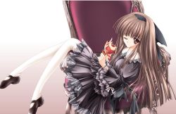 Rule 34 | 1girl, apple, flat chest, food, frills, fruit, gothic lolita, holding, holding food, holding fruit, legs, lolita fashion, long hair, mary janes, one eye closed, pantyhose, shoes, solo, tinker bell (pixiv 10956015), wink