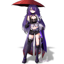 Rule 34 | 1girl, absurdres, acheron (honkai: star rail), bandaged leg, bandages, black footwear, black gloves, boots, commentary, crop top, elbow gloves, full body, gloves, hair over one eye, highres, holding, holding umbrella, honkai: star rail, honkai (series), long hair, looking at viewer, midriff, multicolored hair, navel, purple eyes, purple hair, red umbrella, single bare shoulder, solo, standing, streaked hair, szei, umbrella, very long hair, white hair