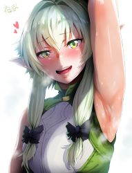 Rule 34 | 10s, 1girl, 2018, absurdres, arm up, armpits, bad id, bad pixiv id, black bow, blush, bow, dated, elf, goblin slayer!, green eyes, green hair, hair bow, half-closed eyes, heart, heavy breathing, hero neisan, high elf archer (goblin slayer!), highres, huge filesize, looking at viewer, open mouth, pink lips, pointy ears, presenting armpit, short hair with long locks, sidelocks, signature, simple background, sleeveless, smell, solo, steam, sweat, sweat stain, teeth, upper body, upper teeth only, wavy mouth, white background