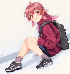 Rule 34 | 1girl, backpack, bag, black footwear, blue shorts, closed mouth, commentary, dutch angle, from side, grey socks, hood, hoodie, idolmaster, idolmaster shiny colors, kamille (vcx68), komiya kaho, long hair, long sleeves, looking at viewer, pink eyes, pink hair, red hoodie, shoes, shorts, simple background, sitting, smile, sneakers, socks, solo, white background