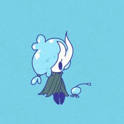 Rule 34 | 1other, alternate form, black eyes, black skin, blank eyes, blue background, blue theme, broken vessel (hollow knight), bug, cloak, colored skin, full body, green cloak, hair tie, hollow knight, lifeseed (hollow knight), other focus, sakana 2-gou, simple background, sitting, solo