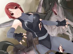Rule 34 | 1girl, aka ume, blood, breasts, capcom, dino crisis, dinosaur, elbow gloves, fantasy, gloves, red eyes, red hair, regina (dino crisis), solo, thigh strap, torn clothes