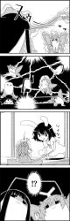 Rule 34 | !?, 4koma, :x, ^^^, animal ears, arm up, aura, bug, butterfly, butterfly net, butterfly wings, carrot necklace, caught, clenched hands, comic, commentary, cushion, doorway, dress, eternity larva, fighting, flying kick, greyscale, hand grab, hand net, highres, holding hands, houraisan kaguya, inaba tewi, insect, insect wings, interlocked fingers, jewelry, jojo pose, jumping, kicking, leap frog, long arms, long hair, monochrome, necklace, rabbit ears, shaded face, short hair, short sleeves, smile, standing, standing on one leg, tani takeshi, touhou, translation request, wings, yukkuri shiteitte ne