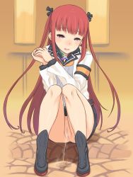 Rule 34 | 1girl, anus, arca (summon night), black footwear, black skirt, blush, boots, censored, cleft of venus, feet, hair ribbon, hou (hachiyou), jacket, legs, long hair, long sleeves, looking at viewer, no panties, open mouth, own hands together, peeing, puddle, purple eyes, pussy, red hair, ribbon, school uniform, sitting, skirt, smile, solo, steam, summon night, summon night 5, twintails, white jacket
