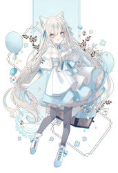 Rule 34 | 1girl, :d, animal ear fluff, animal ears, balloon, bare shoulders, blue background, blue eyes, blue hair, blue skirt, card, collarbone, commentary request, detached sleeves, english text, grey hair, hair between eyes, heart, high-waist skirt, long hair, multicolored hair, open mouth, original, pantyhose, playing card, pleated skirt, puffy short sleeves, puffy sleeves, shirt, shoes, short sleeves, skirt, smile, solo, two-tone background, two-tone hair, very long hair, white background, white footwear, white shirt, white sleeves, yuzuyomogi