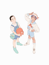 Rule 34 | 2boys, aged down, ankle socks, arm up, black eyes, blue overalls, blue shorts, boots, buzz cut, chengongzi123, child, closed mouth, full body, golden kamuy, green eyes, hand on own hip, hat, highres, holding, holding stuffed toy, koito otonoshin, long sleeves, looking at viewer, male focus, multiple boys, overalls, parted lips, penguin print, purple hair, sailor, sailor collar, sailor hat, sailor shirt, salute, shirt, shoes, short hair, short sleeves, shorts, simple background, smile, sneakers, socks, standing, stuffed animal, stuffed octopus, stuffed toy, t-shirt, tsukishima hajime, very short hair, white background, white footwear, white hat, white shirt, white socks