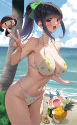 1girl :3 :d absurdres akihiro0920 beach bikini black_hair black_one-piece_swimsuit blue_sky blunt_bangs blush breasts bush chibi cleavage cloud collarbone day food fruit highres horizon komami_(youkai_watch) komasan large_breasts navel ocean old_school_swimsuit one-piece_swimsuit open_mouth outdoors palm_tree pineapple pineapple_print ponytail print_bikini rabbit school_swimsuit sideboob sidelocks sky smile standing swimsuit tamura_yukari tree underboob v yellow_bikini youkai_watch