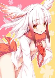Rule 34 | 10s, 1girl, bird tail, blunt bangs, bottomless, breasts, brown eyes, brown hair, frilled sleeves, frills, fur collar, gloves, gradient hair, hand on own chest, head wings, japanese crested ibis (kemono friends), kemono friends, leaning forward, light smile, long hair, long sleeves, looking at viewer, medium breasts, multicolored background, multicolored hair, navel, nipples, open clothes, open shirt, parted lips, pink background, red gloves, red hair, sample watermark, shirt, sidelocks, solo, tail, tateha (marvelous grace), two-tone background, watermark, white hair, white shirt, wide sleeves, wings, yellow background