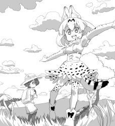 Rule 34 | 10s, 2girls, animal ears, boots, bow, bowtie, bucket hat, elbow gloves, gloves, grass, greyscale, hat, hat feather, highres, kaban (kemono friends), kemono friends, kneehighs, pantyhose under shorts, monochrome, multiple girls, nittama, pantyhose, savannah, serval (kemono friends), serval print, serval tail, short hair, shorts, simple background, skirt, smile, socks, tail, thighhighs, tree, white background
