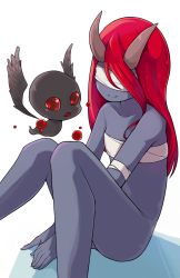 Rule 34 | 1girl, absurdres, blind, blindfold, blood, collarbone, colored skin, commentary request, demon girl, demon wings, highres, horns, incubus (the binding of isaac), lilith (the binding of isaac), long hair, red eyes, red hair, simple background, sitting, smile, solo, the binding of isaac, white background, wings, yellowparrot