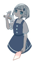 Rule 34 | 1girl, blue dress, blue eyes, blunt bangs, blunt ends, bright pupils, buttons, closed mouth, commentary request, cropped legs, dress, expressionless, grey hair, grey shirt, hammer, hand up, highres, holding, indie virtual youtuber, looking at viewer, oota mato, pinafore dress, shirt, short hair, short sleeves, sidelocks, simple background, sleeveless, sleeveless dress, solo, text hair ornament, throwing, uewtsol, virtual youtuber, white background, white pupils