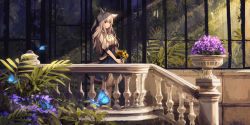 Rule 34 | 1girl, animal ears, bow, bug, butterfly, carrying, cat ears, commentary, corset, dark, fantasy, flower, garden, hair bow, hair ribbon, highres, insect, long hair, looking at viewer, looking to the side, nature, neck ribbon, original, plant, potted plant, railing, red eyes, ribbon, sagiri (ulpha220), scenery, short ponytail, skirt, smile, solo, sunlight, sunset, white hair, window
