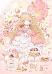 Rule 34 | 1girl, berry, blonde hair, blush, bobby socks, bonnet, bow, bright pupils, cake, cherry, chin strap, cup, cupcake, dress, finger to mouth, flower, food, fruit, gloves, gown, grapes, grey eyes, hat, heart, high heels, highres, holding, jewelry, layered dress, lolita fashion, long hair, long sleeves, looking at viewer, macaron, original, pantyhose, pastry, petals, pink flower, pink footwear, pink rose, plate, raspberry, ring, rose, shirosaki london, shoes, signature, socks, solo, standing, strawberry, sweet lolita, teacup, tray, two side up, very long hair, wavy hair, white gloves, white pupils, white socks