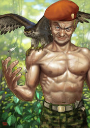Rule 34 | 1boy, belt, beret, bird, blue eyes, camouflage, camouflage pants, dated, feathers, hat, looking at viewer, male focus, matataku, muscular, navel, old, old man, original, pants, plant, scar, topless male, signature, smile, upper body, wrinkled skin