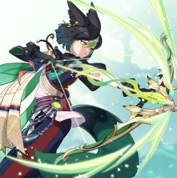 Rule 34 | 1boy, aiming, animal ears, arrow (projectile), black hair, bow (weapon), chinese commentary, closed mouth, ear piercing, flower, genshin impact, gloves, gradient hair, green eyes, hair between eyes, highres, holding, holding bow (weapon), holding weapon, honlo, jewelry, male focus, multicolored hair, piercing, simple background, solo, sparkle, tail, tassel, tighnari (genshin impact), vision (genshin impact), weapon, yellow flower