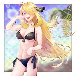 Rule 34 | 1girl, absurdres, annmitsu114, bikini, black bikini, blonde hair, breasts, cleavage, commentary request, contrapposto, cowboy shot, creatures (company), cynthia (pokemon), game freak, grey eyes, hair over one eye, highres, large breasts, lens flare, long hair, looking at viewer, nintendo, open mouth, palm leaf, pokemon, pokemon dppt, side-tie bikini bottom, solo, standing, swimsuit, teeth, upper teeth only, very long hair