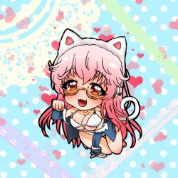 Rule 34 | 1girl, aki sakura, animal ears, bespectacled, bikini, blush, breasts, cat ears, cat tail, chibi, cleavage, fake animal ears, fang, glasses, headphones, kemonomimi mode, large breasts, long hair, looking at viewer, nitroplus, open mouth, paw pose, pink hair, red eyes, smile, solo, super sonico, swimsuit, tail