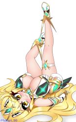Rule 34 | 1girl, absurdres, blonde hair, breasts, cleavage, highres, large breasts, lukari, mythra (xenoblade), simple background, solo, white background, xenoblade chronicles (series), xenoblade chronicles 2, yellow eyes