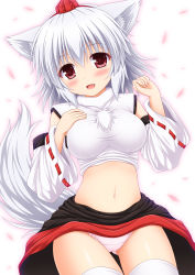 Rule 34 | 1girl, animal ears, bare shoulders, blush, breasts, detached sleeves, fang, female focus, gradient background, hand on own chest, hat, inubashiri momiji, large breasts, looking at viewer, midriff, nagana sayui, navel, open mouth, panties, pink panties, pom pom (clothes), red eyes, ribbon-trimmed sleeves, ribbon trim, simple background, solo, tail, thighhighs, thighs, tokin hat, touhou, underwear, white hair, white thighhighs, wolf ears, wolf tail