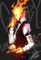 Rule 34 | 10s, 1boy, 2016, adjusting eyewear, armlet, artist name, artist request, bow, bowtie, burger, character name, collared shirt, copyright name, cowboy shot, dress shirt, elemental (creature), fire, flaming head, food, french fries, from side, glasses, grillby, highres, lalalaleng, long sleeves, male focus, profile, shirt, signature, sleeve garter, solo, undertale, upper body, vest, white shirt