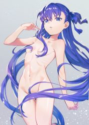 Rule 34 | 10s, 1girl, blue eyes, blue hair, blue ribbon, breasts, collarbone, covering privates, covering crotch, covering nipples, en@rain, eyebrows, fate/extra, fate/extra ccc, fate (series), gradient hair, grey background, hair between eyes, hair censor, hair ornament, hair ribbon, highres, legs together, long hair, looking at viewer, meltryllis (fate), multicolored hair, navel, nude, parted lips, purple hair, ribbon, ribs, shiny skin, simple background, small breasts, smile, solo, standing, thigh gap, very long hair