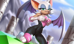 Rule 34 | 1girl, :3, animal ears, animal nose, bare shoulders, bat ears, bat girl, bat wings, black bodysuit, blue eyeshadow, blue sky, blurry, blurry background, body fur, bodysuit, boots, breast hold, breasts, chaos emerald, cloud, covered navel, day, dutch angle, elbow gloves, eyeshadow, full body, furry, furry female, gem, gloves, green eyes, green gemstone, grin, half-closed eyes, hands up, happy, head tilt, kneeling, lipstick, looking at viewer, makeup, outdoors, pak009, pillar, pink lips, purple wings, rouge the bat, short hair, skin tight, sky, smile, sonic (series), tail, teeth, thigh boots, underlighting, white footwear, white fur, white gloves, white hair, wings
