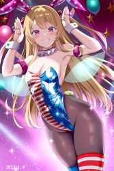 Rule 34 | 1girl, alternate costume, american flag, american flag legwear, american flag print, animal ears, armpits, arms up, bare shoulders, black pantyhose, blonde hair, breasts, cleavage, clownpiece, colored eyelashes, fake animal ears, fake tail, flag print, givuchoko, grin, highleg, highleg leotard, highres, leotard, long hair, looking at viewer, neck ruff, pantyhose, playboy bunny, polka dot, purple eyes, rabbit ears, rabbit pose, rabbit tail, small breasts, smile, solo, strapless, strapless leotard, striped clothes, striped leotard, striped thighhighs, tail, thighhighs, touhou, wrist cuffs