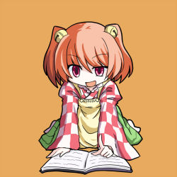 Rule 34 | 1girl, :d, aratami isse, bell, book, character name, checkered clothes, checkered kimono, hair bell, hair ornament, japanese clothes, kimono, motoori kosuzu, open mouth, orange hair, red eyes, short hair, sitting, smile, touhou, twintails, two side up, wariza