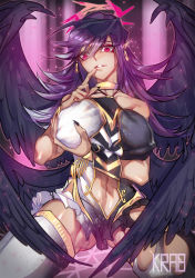 Rule 34 | 1girl, angel wings, armlet, bad id, bad pixiv id, bare shoulders, black nails, black wings, bracelet, breast hold, breast lift, breasts, choker, covered erect nipples, darklord ixchel, demon girl, demon wings, dress, duel monster, earrings, fallen angel, fang, finger to mouth, full body, gluteal fold, halo, head wings, highres, jewelry, krab (fumekrab), large breasts, lifting own clothes, long hair, looking at viewer, multicolored clothes, multicolored dress, multiple wings, nail polish, navel, open mouth, parted lips, pointy ears, purple eyes, purple hair, red eyes, shoes, short dress, smile, solo, stomach, swept bangs, thighhighs, torn clothes, torn thighhighs, white background, white thighhighs, wings, yellow footwear, yu-gi-oh!, yu-gi-oh!jewelry