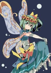 Rule 34 | 1girl, alternate costume, alternate wings, aoi kujira, bad id, bad twitter id, blue eyes, bow, bright pupils, corset, daiyousei, dress, elbow gloves, gloves, green hair, hair between eyes, hair ribbon, looking at viewer, ribbon, short hair, side ponytail, smile, solo, touhou, white pupils, wings, yellow bow