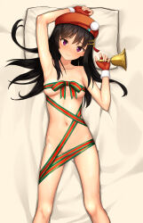 Rule 34 | 1girl, absurdres, arm up, bell, black hair, blush, bow, breasts, closed mouth, collarbone, fingerless gloves, gloves, hair ornament, hairclip, hat, heaven burns red, highres, holding, holding bell, itsuki nofuji, long hair, looking at viewer, lying, medium breasts, naked ribbon, navel, nikaidou misato, on back, on bed, pillow, purple eyes, red gloves, red hat, ribbon, smile, solo, striped bow, striped ribbon