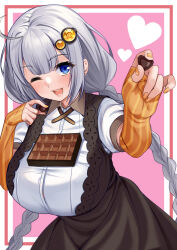 Rule 34 | 1girl, absurdres, ahoge, black dress, blue eyes, blush, braid, breasts, chocolate, collared shirt, dress, elbow gloves, fingerless gloves, food, gloves, hair ornament, heart, highres, holding, holding chocolate, holding food, huge breasts, kizuna akari, long hair, one eye closed, open mouth, orange gloves, shirt, short sleeves, smile, solo, striped clothes, striped gloves, tenneko yuuri, twin braids, valentine, vertical-striped clothes, vertical-striped gloves, voiceroid, white hair, white shirt