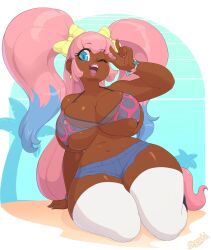 Rule 34 | 1girl, bikini, bikini top only, blue eyes, blue hair, breasts, cleavage, commentary, commission, dark-skinned female, dark skin, english commentary, highres, large breasts, ming-ming, multicolored hair, original, pink hair, plump, short twintails, shorts, skecchi, smile, solo, swimsuit, thick thighs, thighhighs, thighs, twintails, two-tone hair