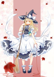 Rule 34 | 1girl, apron, blonde hair, blurry, bobby socks, bow, bowtie, broom, female focus, frills, full body, hat, hat bow, high heels, highres, huayue, kirisame marisa, leaf, long hair, maple leaf, shoes, skirt, skirt set, socks, solo, standing, string, string of fate, touhou, vest, waist apron, white socks, witch, witch hat