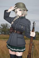 Rule 34 | 1girl, absurdres, ammunition pouch, arm up, belt, black thighhighs, blonde hair, blue eyes, blurry, blurry background, blush, bolt action, braid, braided ponytail, breast pocket, breasts, brown belt, buttons, chin strap, collar tabs, combat helmet, commentary, commission, fingernails, finland, finnish army, green skirt, grey jacket, gun, gun sling, hair over shoulder, helmet, highres, holding, holding gun, holding weapon, jacket, keiita, long hair, long sleeves, looking at viewer, military, military uniform, mosin-nagant, original, outdoors, pocket, pouch, rifle, shirt, shoulder boards, single braid, skirt, smile, solo, stahlhelm, teeth, thighhighs, uniform, v, weapon, white shirt, world war ii, zettai ryouiki