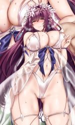 Rule 34 | 1girl, absurdres, bikini, blush, bracelet, breasts, brooch, cleavage, clothing cutout, fary5, fate/grand order, fate (series), gluteal fold, heart, heart brooch, highleg, highleg swimsuit, highres, jewelry, large breasts, multiple views, navel, navel cutout, one-piece swimsuit, partially visible vulva, purple hair, red eyes, scathach (fate), scathach skadi (fate), scathach skadi (swimsuit ruler) (fate), scathach skadi (swimsuit ruler) (third ascension) (fate), swimsuit, thighs, veil, white bikini