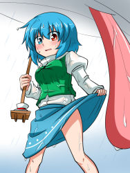 Rule 34 | 1girl, bad id, bad pixiv id, blue eyes, blue hair, blue skirt, clothes lift, green vest, heterochromia, highres, juliet sleeves, lifted by self, long sleeves, matching hair/eyes, one-hour drawing challenge, open mouth, parted lips, puffy sleeves, rain, red eyes, see-through, see-through silhouette, short hair, skirt, skirt lift, solo, sumiya nadateru, tatara kogasa, tongue, touhou, vest, wet, wet clothes