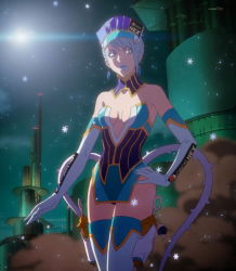 Rule 34 | 10s, bare shoulders, blue eyes, blue hair, blue rose (tiger &amp; bunny), boots, breasts, cleavage, earrings, elbow gloves, fingernails, fingernails over gloves, gloves, jewelry, night, pepsi nex, snow, stitched, thigh boots, thighhighs, third-party edit, tiger &amp; bunny