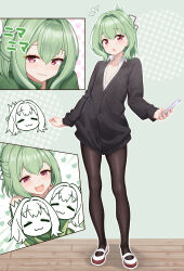 Rule 34 | 1boy, :3, = =, absurdres, black cardigan, black pantyhose, blush, cardigan, censored, character censor, collared shirt, commentary request, commission, green background, green hair, hair intakes, heart, highres, holding, holding phone, long sleeves, looking at viewer, male focus, multiple views, notice lines, novelty censor, otori-tan, pantyhose, patyu3, phone, pixiv commission, red eyes, school uniform, seitokai nimo anawa aru!, shirt, shoes, short hair, smile, smug, standing, trap, uwabaki, white shirt