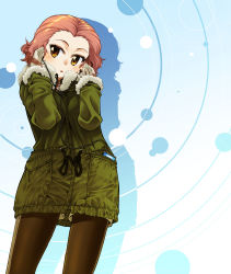 Rule 34 | 1girl, black pantyhose, blue background, brown eyes, brown shorts, casual, coat, cowboy shot, fur-trimmed coat, fur trim, girls und panzer, gloves, green coat, grey gloves, head tilt, highres, pantyhose under shorts, looking at viewer, medium hair, pantyhose, parted lips, r-ex, red hair, rosehip (girls und panzer), shadow, short shorts, shorts, solo, standing
