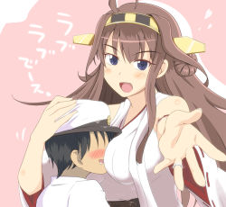 Rule 34 | 10s, 1boy, 1girl, admiral (kancolle), ahoge, blue eyes, blush, breasts, brown hair, jewelry, kantai collection, kongou (kancolle), little boy admiral (kancolle), nontraditional miko, personification, reaching, ring, toko5121, wedding band