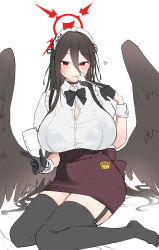 Rule 34 | 1girl, absurdres, black bow, black bowtie, black gloves, black hair, black thighhighs, black wings, blue archive, bow, bowtie, breasts, cup, emirio (emirio110), feathered wings, garter straps, gloves, hair between eyes, halo, hasumi (blue archive), heart, highres, holding, holding cup, holding spoon, huge breasts, long hair, looking at viewer, low wings, maid headdress, mole, mole under eye, red eyes, shirt, short sleeves, simple background, sitting, solo, spoon, thighhighs, very long hair, white background, white shirt, wings