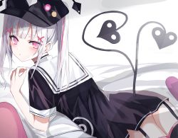 Rule 34 | 1girl, ass, asumi sena, baseball cap, black hat, black thighhighs, blush, demon tail, dress, garter straps, green night, grey hair, hair ornament, hat, highres, long hair, looking at viewer, looking back, lying, multicolored hair, on stomach, pink eyes, pink hair, sailor collar, sailor dress, short sleeves, solo, streaked hair, tail, thighhighs, twintails, virtual youtuber, vspo!, white sailor collar